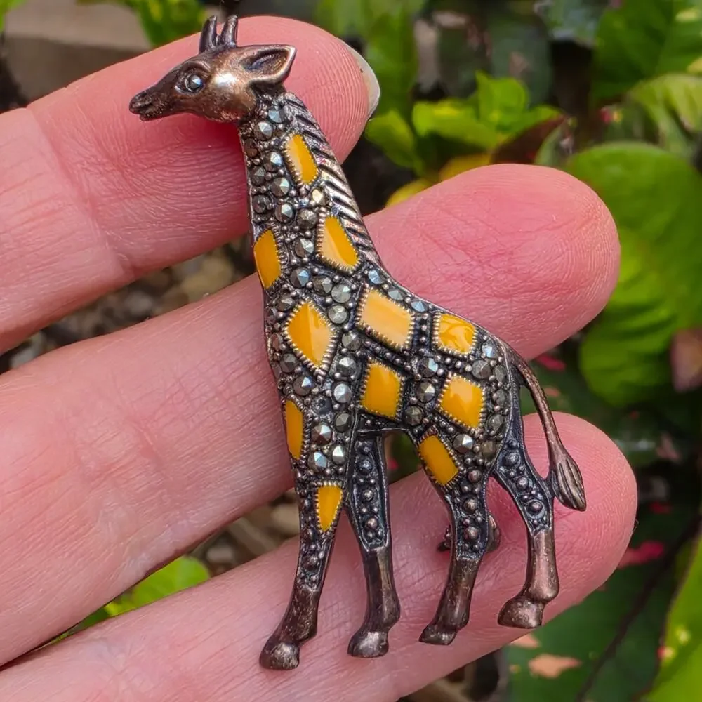 Vintage Sterling Marcasite Giraffe Brooch Yellow Enamel 925 Thailand